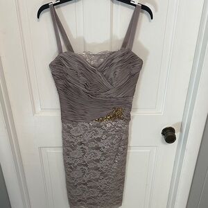 Social Occasions by Mon Cheri Lace Midi Dress in Taupe with Gold Detail